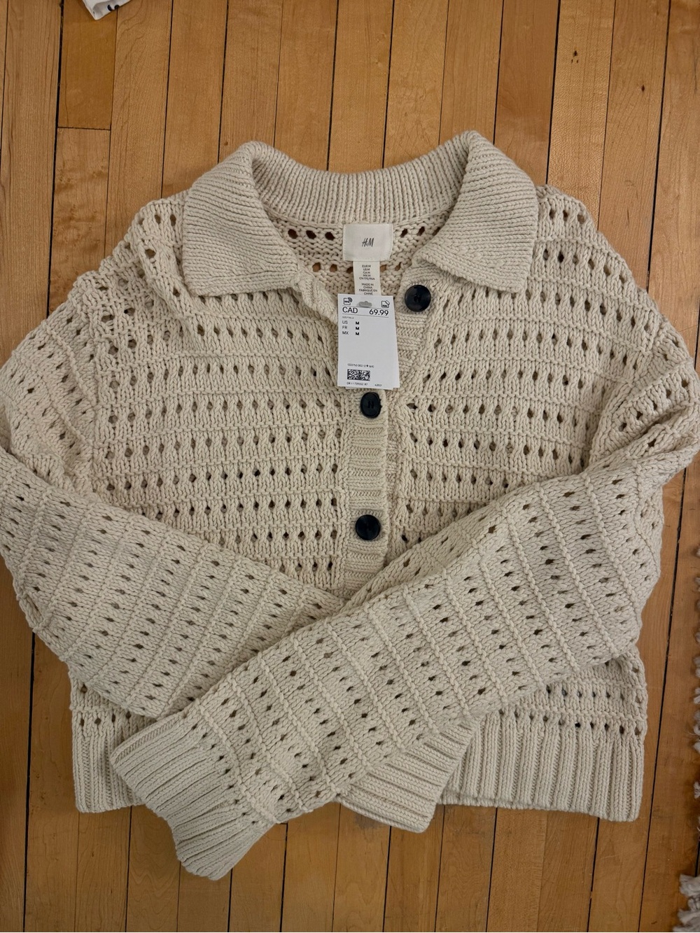 H&M Cream Open-Knit Collared Button Cardigan - Picture 2 of 3